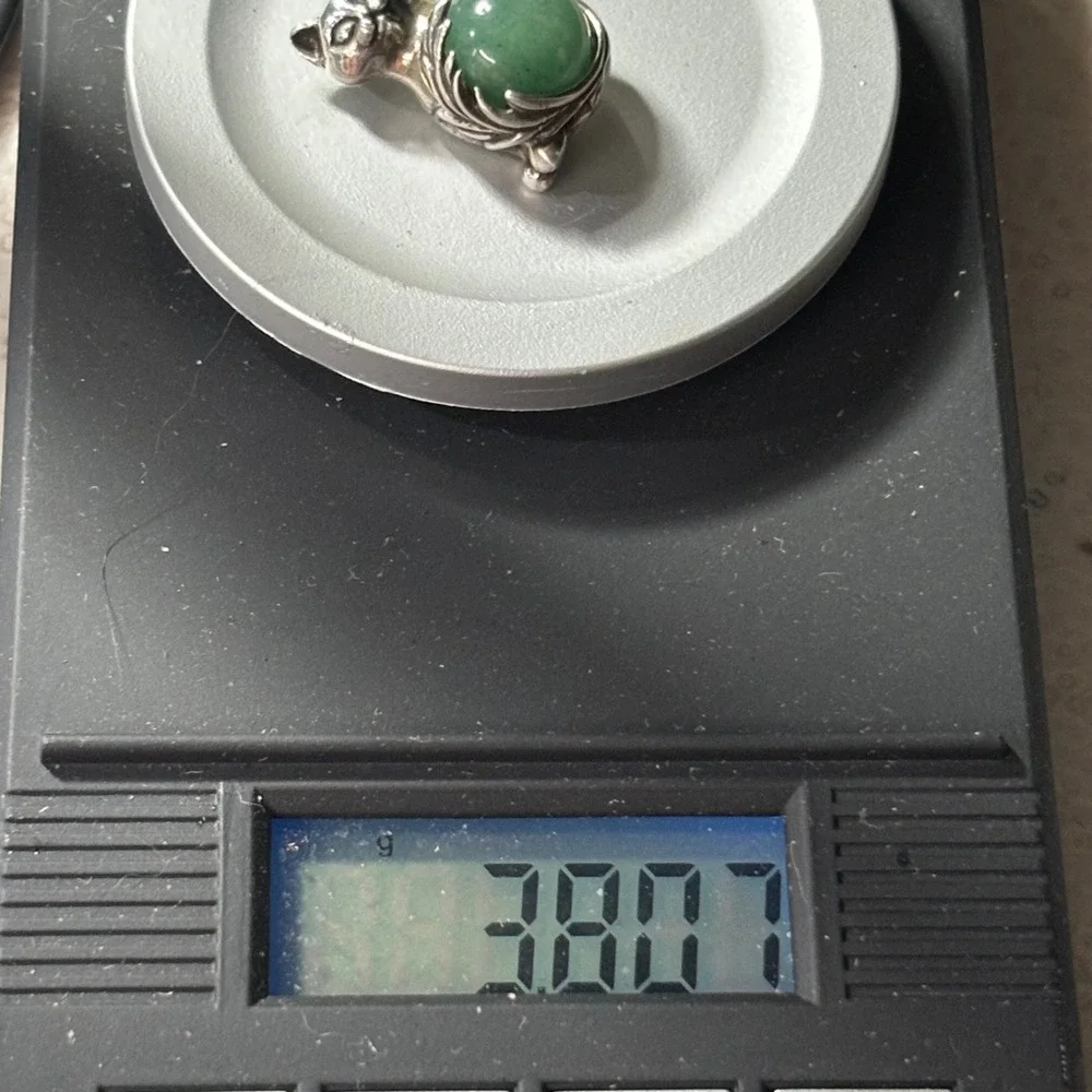 Vtg 925 Sterling Silver Cat Pendant Jade Green Aventurine Quartz Sphere